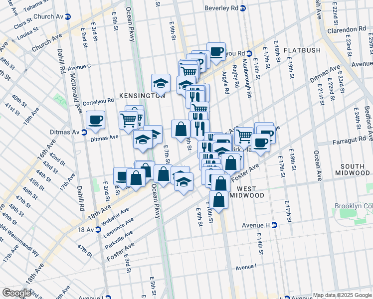 map of restaurants, bars, coffee shops, grocery stores, and more near 562 East 9th Street in Brooklyn