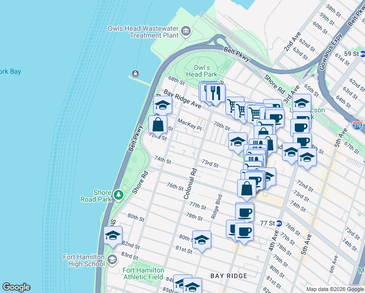 map of restaurants, bars, coffee shops, grocery stores, and more near 86 72nd Street in Brooklyn