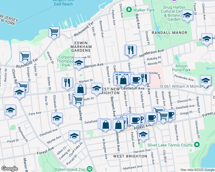 map of restaurants, bars, coffee shops, grocery stores, and more near 909 Castleton Avenue in Staten Island