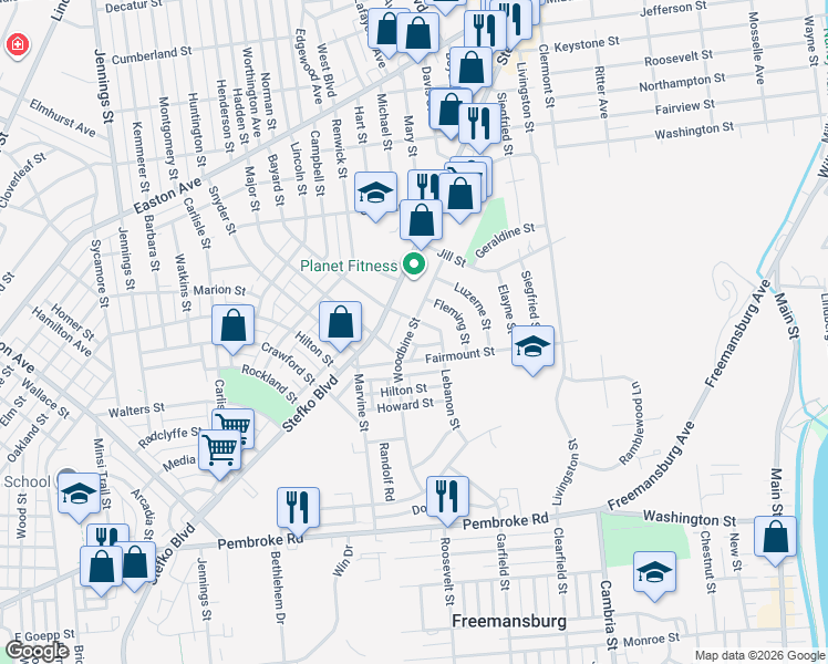 map of restaurants, bars, coffee shops, grocery stores, and more near 1534 Woodbine Street in Bethlehem