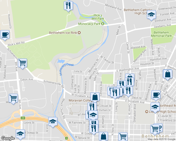 map of restaurants, bars, coffee shops, grocery stores, and more near 1521 Monocacy Street in Bethlehem