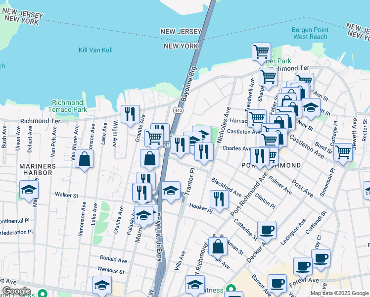 map of restaurants, bars, coffee shops, grocery stores, and more near 155 John Street in Staten Island