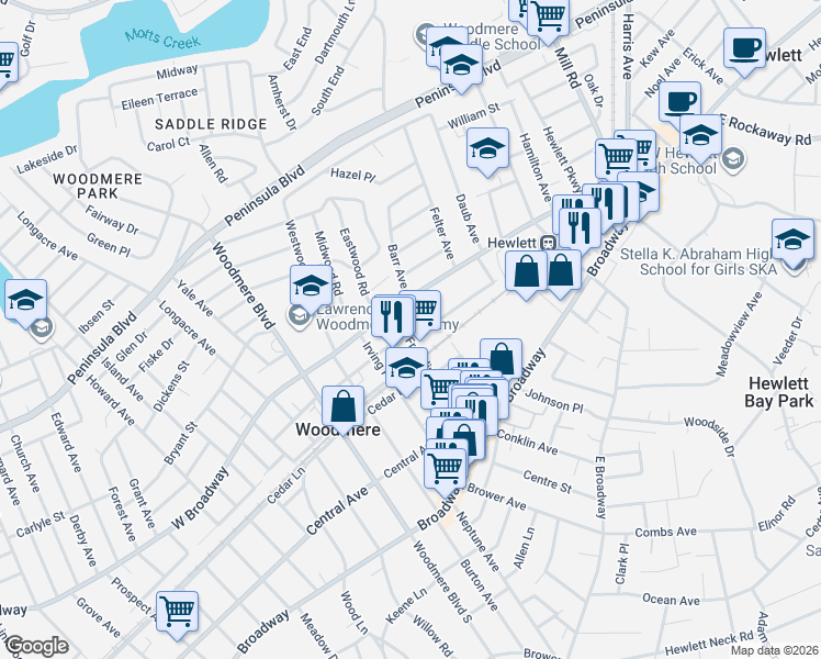 map of restaurants, bars, coffee shops, grocery stores, and more near 220 Franklin Place in Woodmere