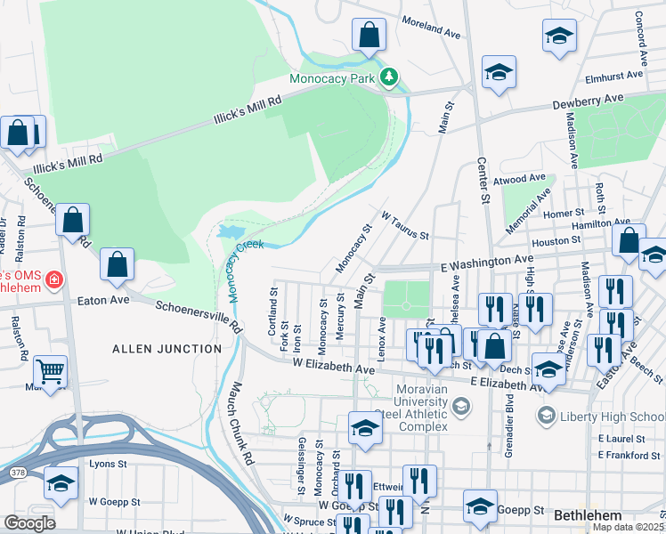map of restaurants, bars, coffee shops, grocery stores, and more near 1521 Monocacy Street in Bethlehem