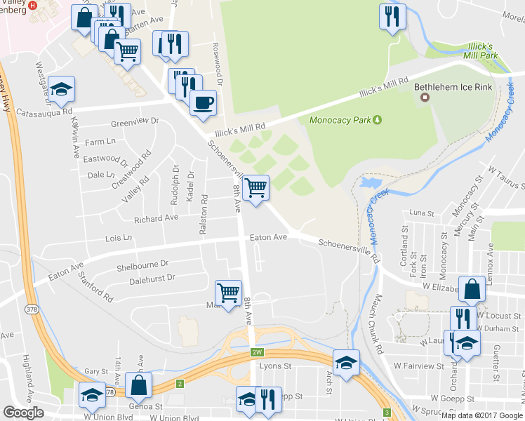 map of restaurants, bars, coffee shops, grocery stores, and more near 1605 Schoenersville Rd in Bethlehem