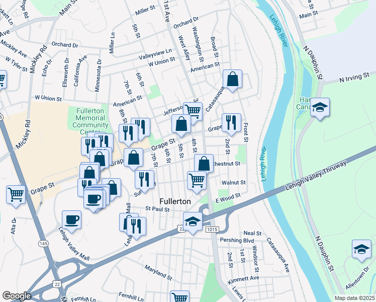 map of restaurants, bars, coffee shops, grocery stores, and more near Spruce Street in Lehigh County
