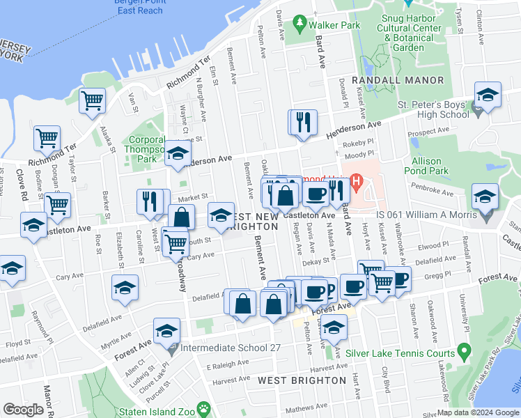 map of restaurants, bars, coffee shops, grocery stores, and more near 883 Castleton Avenue in Staten Island