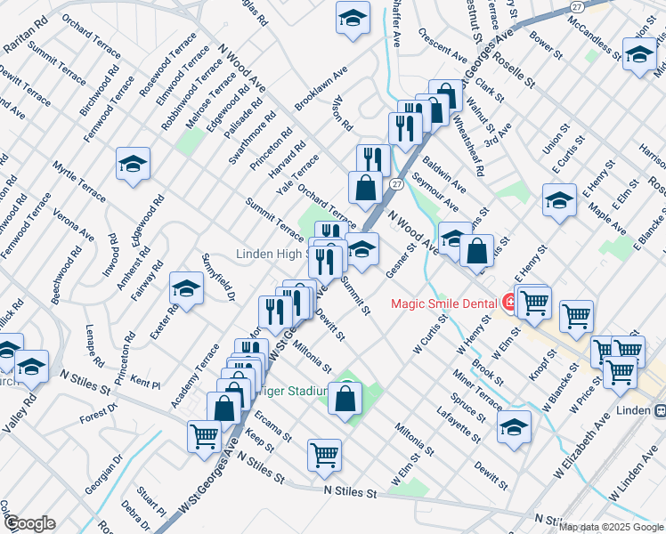 map of restaurants, bars, coffee shops, grocery stores, and more near 200 West Saint Georges Avenue in Linden