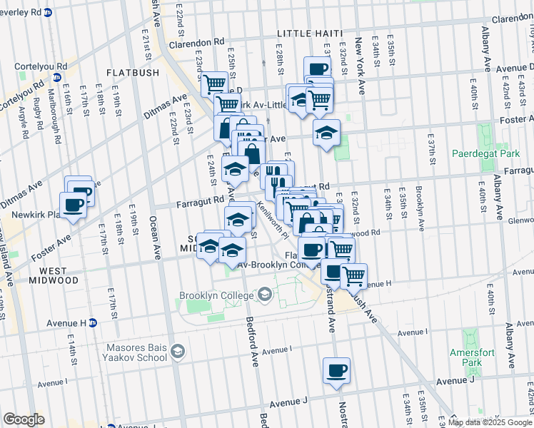 map of restaurants, bars, coffee shops, grocery stores, and more near 34 Kenilworth Place in Brooklyn