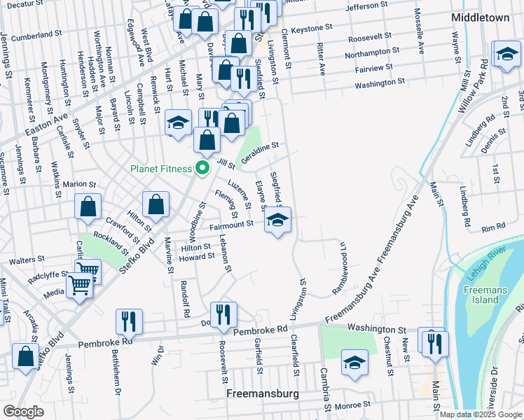 map of restaurants, bars, coffee shops, grocery stores, and more near 1519 Elayne Street in Bethlehem