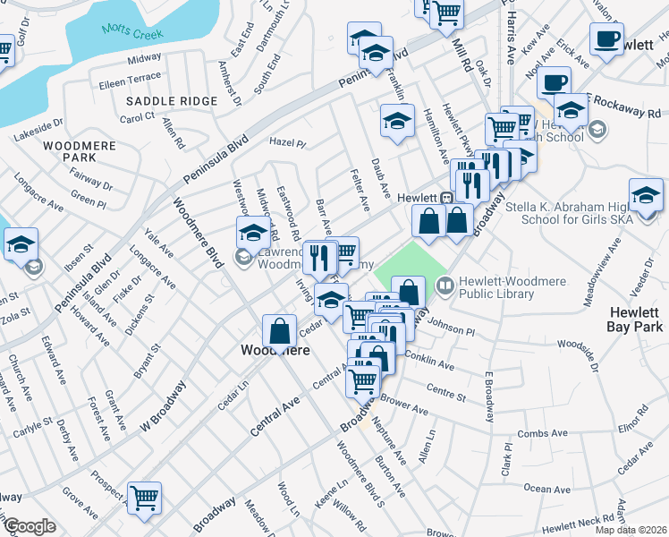 map of restaurants, bars, coffee shops, grocery stores, and more near 224 Franklin Place in Woodmere