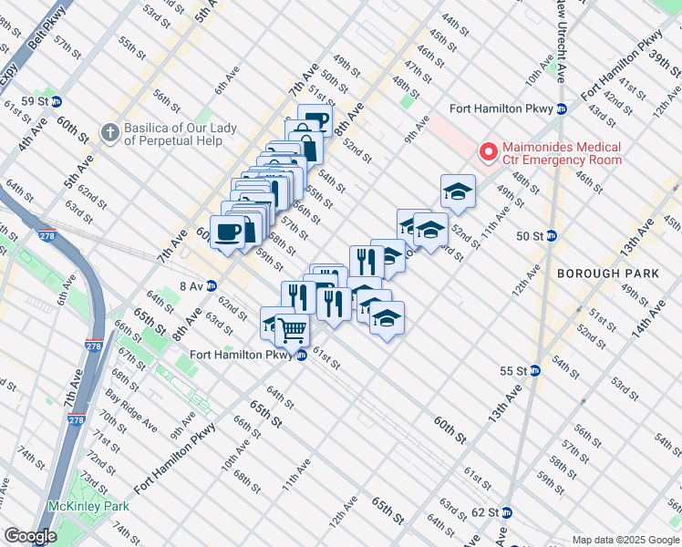 map of restaurants, bars, coffee shops, grocery stores, and more near 959 57th Street in Brooklyn