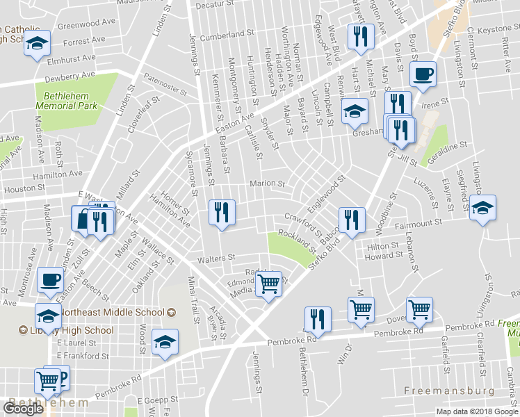 map of restaurants, bars, coffee shops, grocery stores, and more near 1611 Carlisle Street in Bethlehem