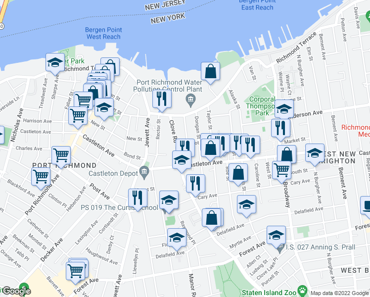 map of restaurants, bars, coffee shops, grocery stores, and more near 136 Bodine Street in Staten Island
