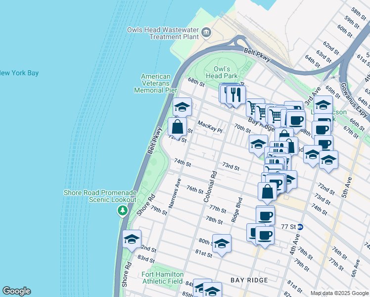 map of restaurants, bars, coffee shops, grocery stores, and more near 7218 Narrows Avenue in Brooklyn