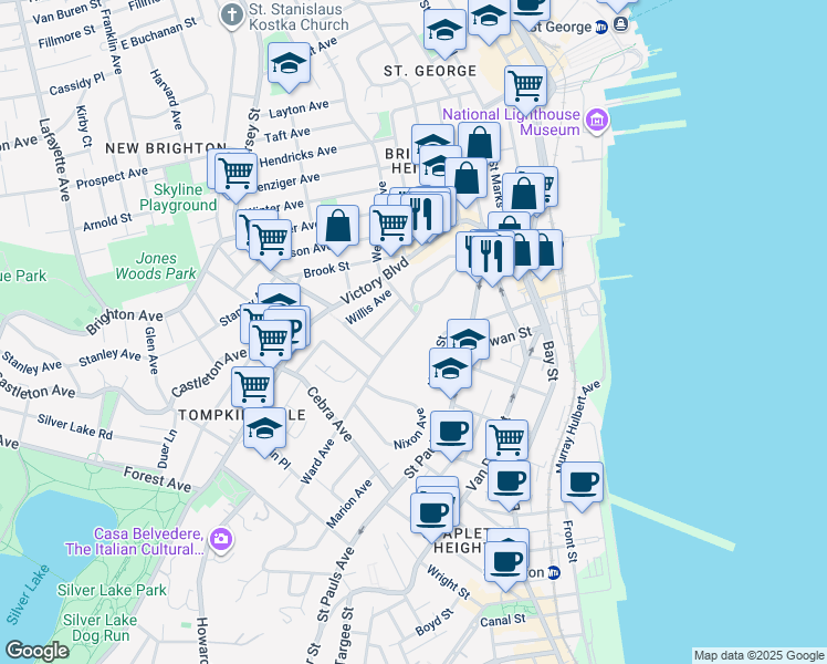 map of restaurants, bars, coffee shops, grocery stores, and more near 11 Ward Avenue in Staten Island