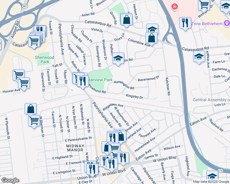 map of restaurants, bars, coffee shops, grocery stores, and more near 2158 Pinehurst Road in Bethlehem