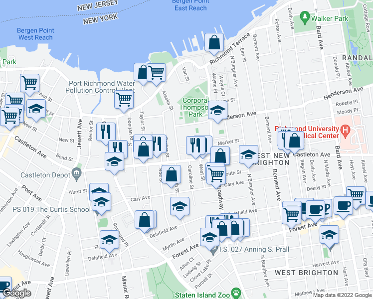 map of restaurants, bars, coffee shops, grocery stores, and more near 157 Alaska Street in Staten Island