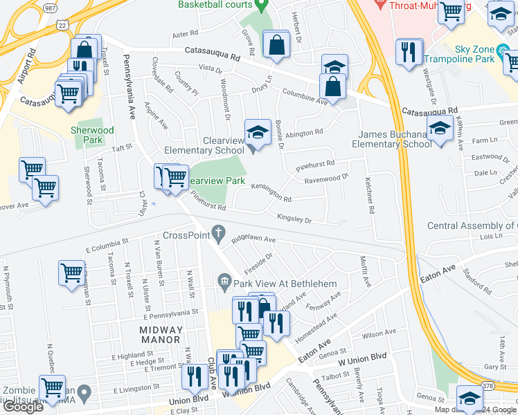 map of restaurants, bars, coffee shops, grocery stores, and more near 2140 Pinehurst Road in Bethlehem