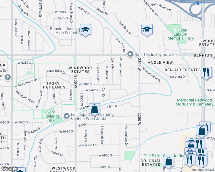 map of restaurants, bars, coffee shops, grocery stores, and more near 2449 West 6385 South in West Jordan
