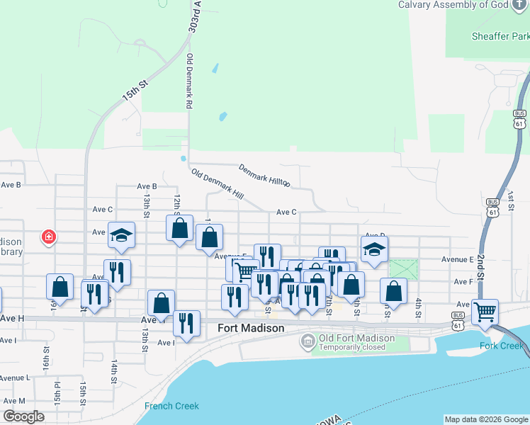 map of restaurants, bars, coffee shops, grocery stores, and more near 898 Ave C in Fort Madison