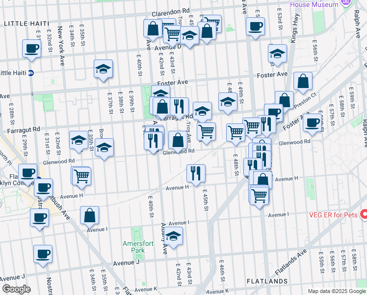 map of restaurants, bars, coffee shops, grocery stores, and more near 4301 Glenwood Road in Brooklyn