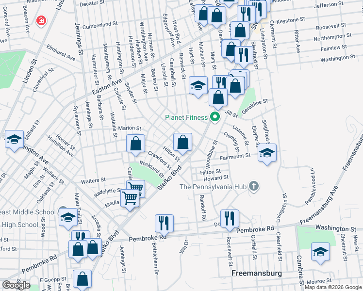 map of restaurants, bars, coffee shops, grocery stores, and more near 1530 Snyder Street in Bethlehem
