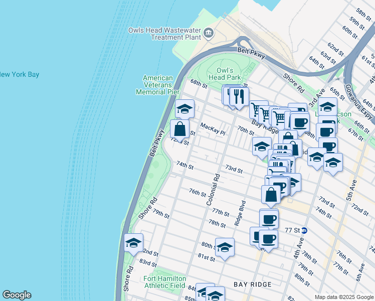 map of restaurants, bars, coffee shops, grocery stores, and more near 7216 Narrows Avenue in Brooklyn