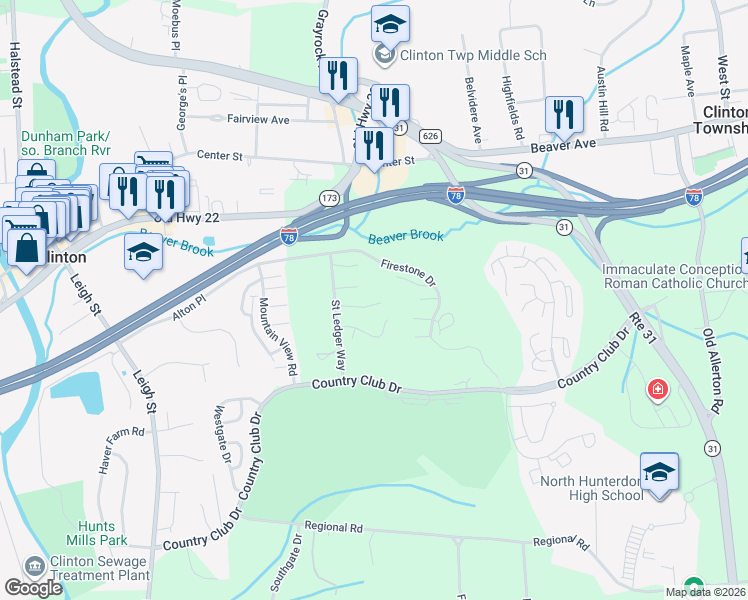 map of restaurants, bars, coffee shops, grocery stores, and more near 19 Forsgate Terrace in Hunterdon County