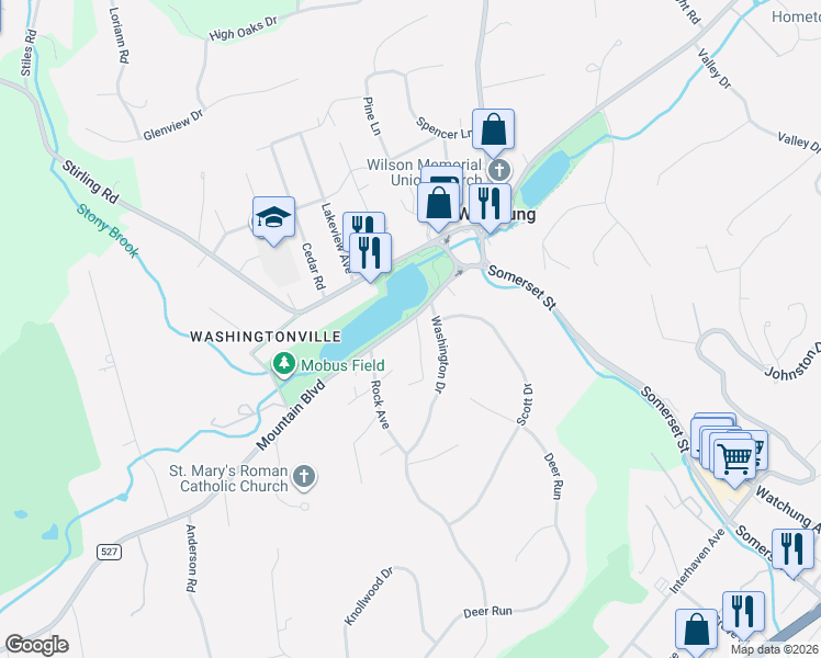 map of restaurants, bars, coffee shops, grocery stores, and more near 83 Mountain Boulevard in Watchung