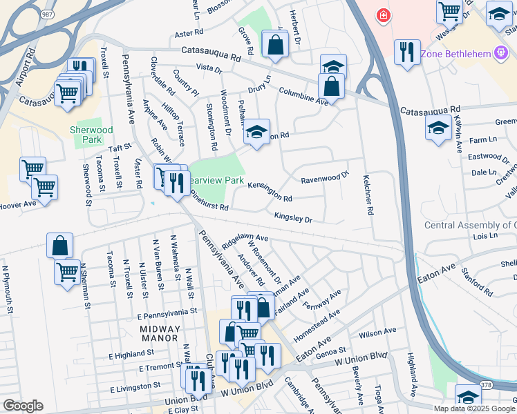 map of restaurants, bars, coffee shops, grocery stores, and more near 2140 Pinehurst Road in Bethlehem
