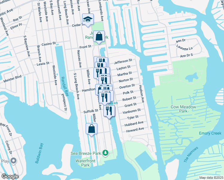 map of restaurants, bars, coffee shops, grocery stores, and more near 690 Guy Lombardo Avenue in Freeport