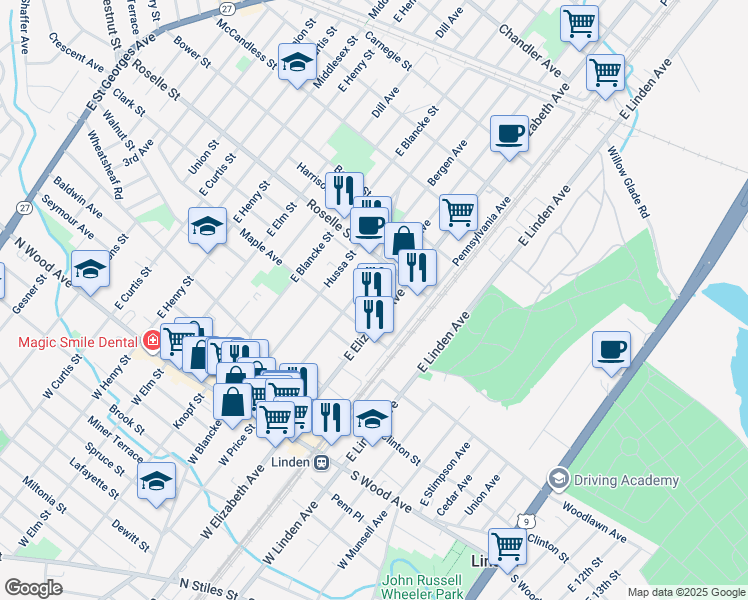 map of restaurants, bars, coffee shops, grocery stores, and more near 532 Ziegler Avenue in Linden