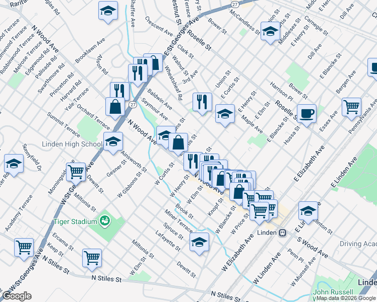 map of restaurants, bars, coffee shops, grocery stores, and more near 26 East Curtis Street in Linden