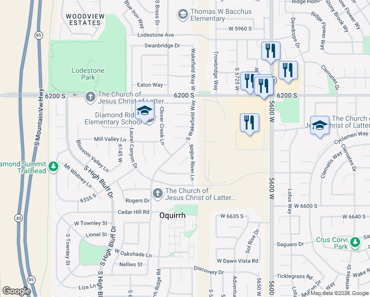map of restaurants, bars, coffee shops, grocery stores, and more near 6057 South Wakefield Way in West Valley City
