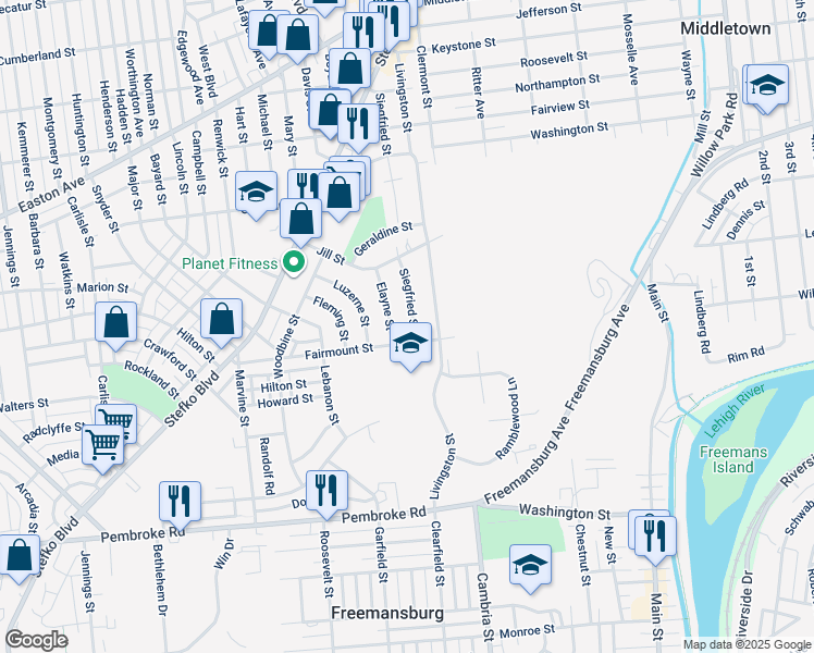 map of restaurants, bars, coffee shops, grocery stores, and more near 1519 Siegfried Street in Bethlehem