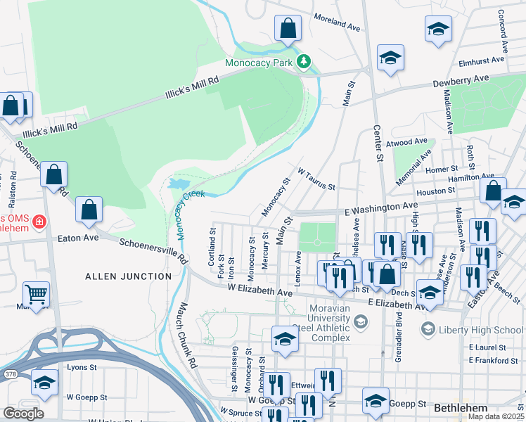 map of restaurants, bars, coffee shops, grocery stores, and more near 1529 Monocacy Street in Bethlehem