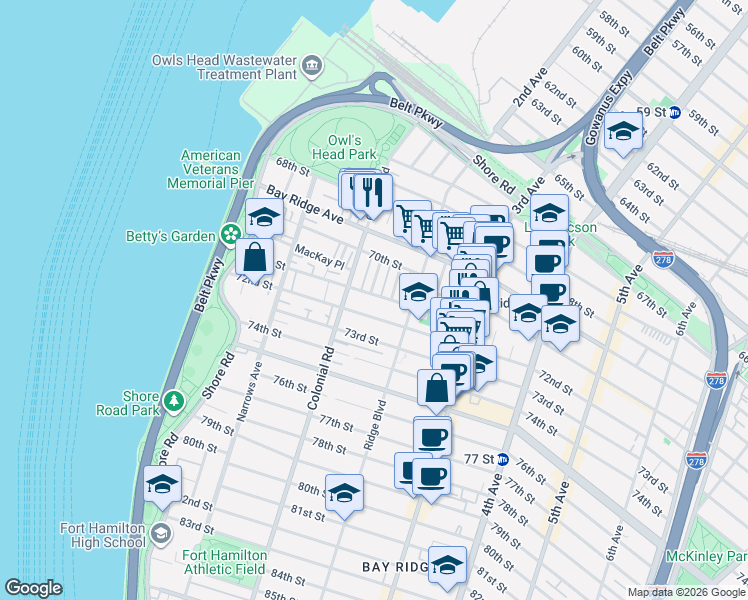 map of restaurants, bars, coffee shops, grocery stores, and more near 138 71st Street in Brooklyn