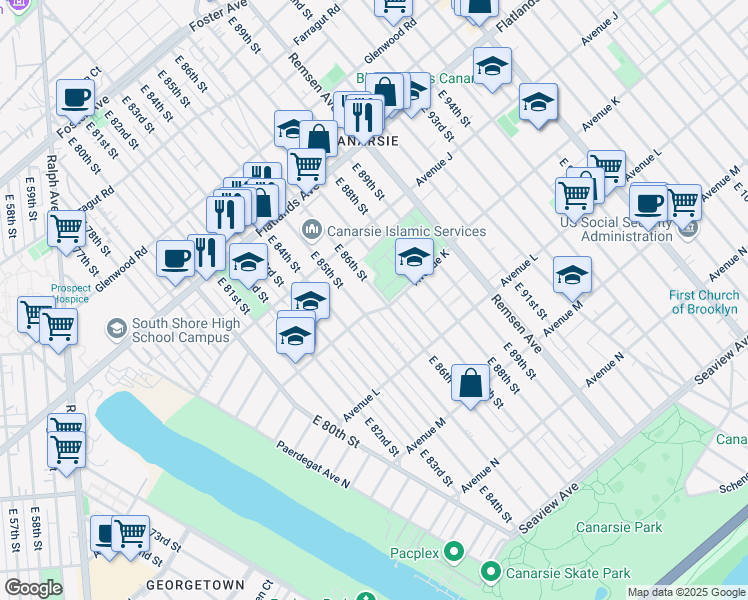 map of restaurants, bars, coffee shops, grocery stores, and more near 1074 East 86th Street in Brooklyn