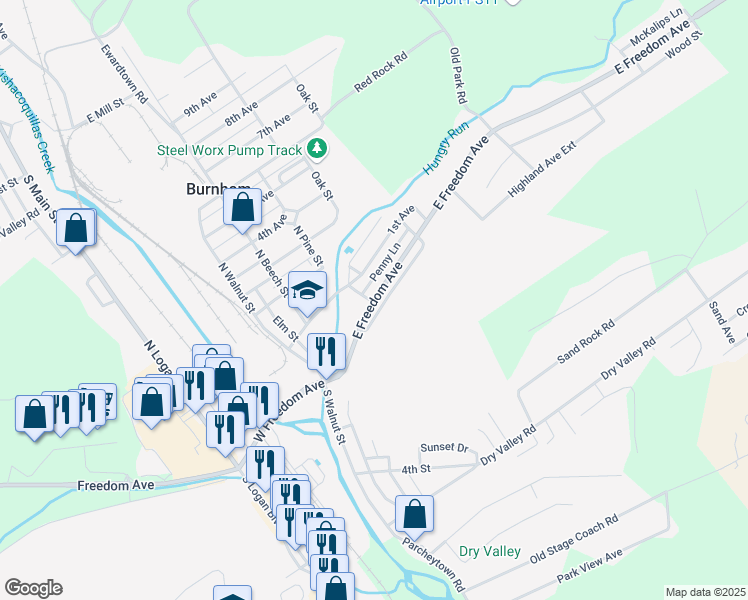 map of restaurants, bars, coffee shops, grocery stores, and more near 331 East Freedom Avenue in Burnham