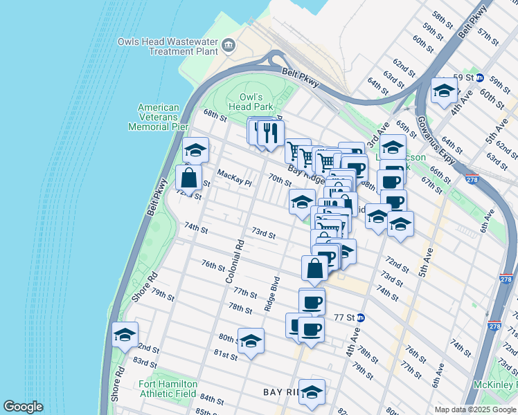 map of restaurants, bars, coffee shops, grocery stores, and more near 138 71st Street in Brooklyn