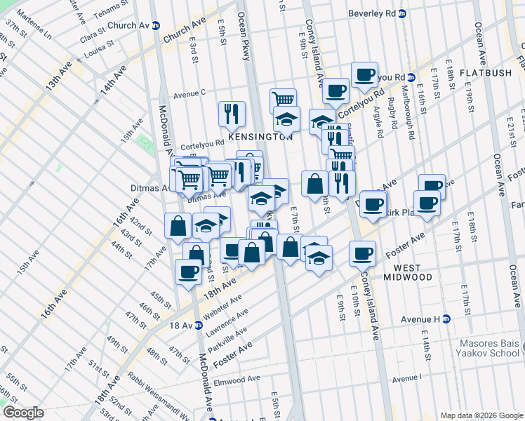 map of restaurants, bars, coffee shops, grocery stores, and more near 540 Ocean Parkway Service Road in Brooklyn