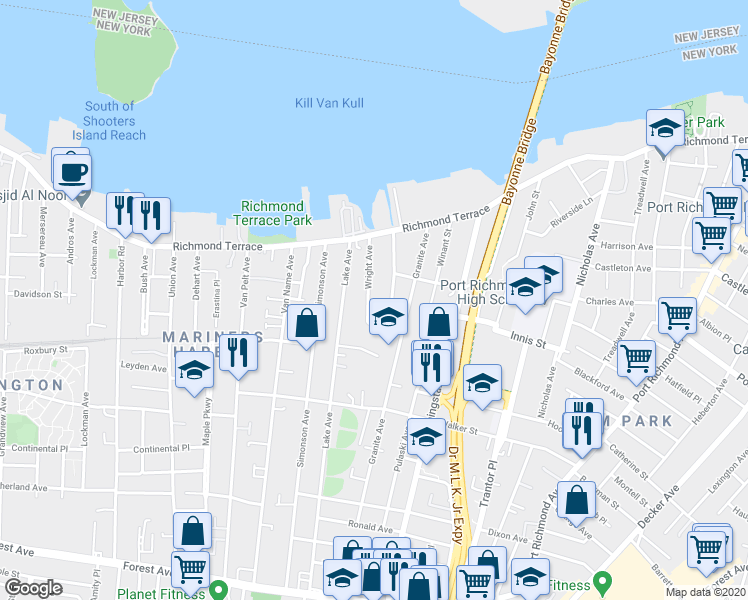 map of restaurants, bars, coffee shops, grocery stores, and more near 77 Wright Avenue in Staten Island