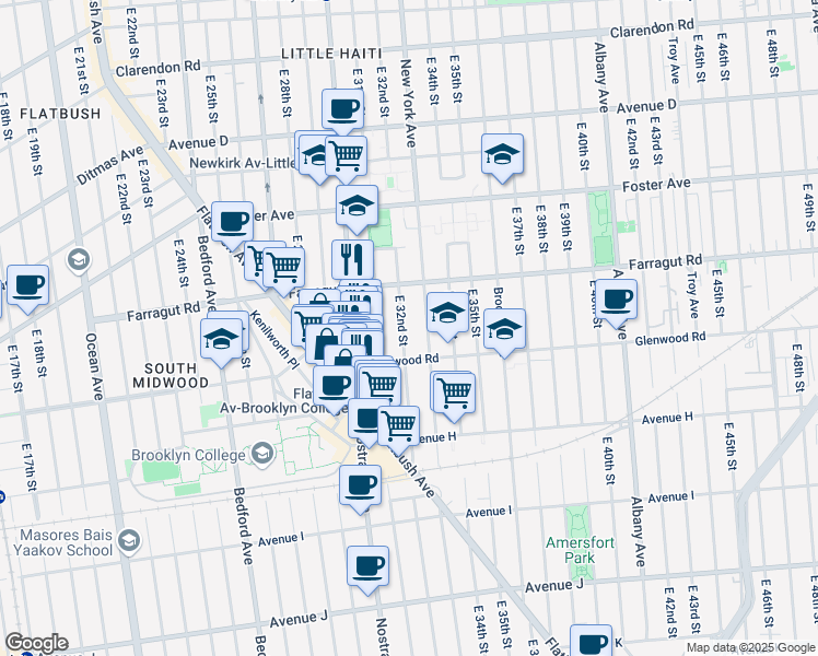 map of restaurants, bars, coffee shops, grocery stores, and more near 653 East 32nd Street in Brooklyn