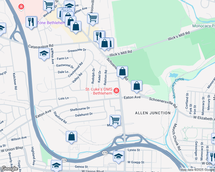 map of restaurants, bars, coffee shops, grocery stores, and more near 1510 Ralston Road in Bethlehem