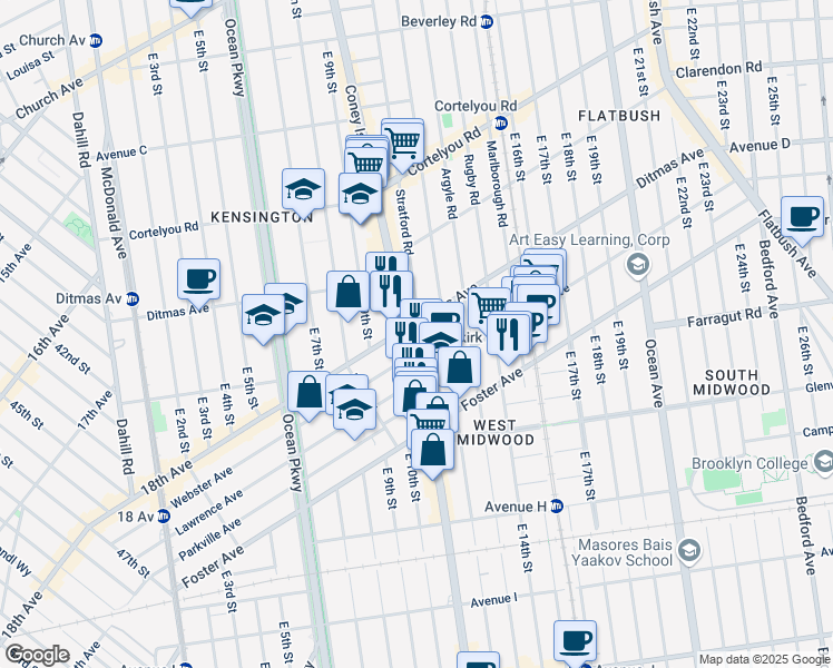 map of restaurants, bars, coffee shops, grocery stores, and more near 1002 Ditmas Avenue in Brooklyn