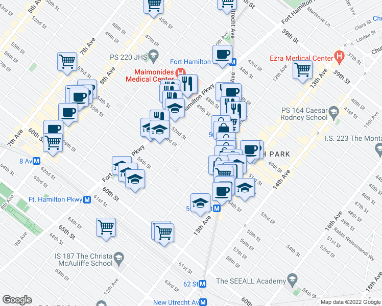 map of restaurants, bars, coffee shops, grocery stores, and more near 1131 53rd Street in Brooklyn