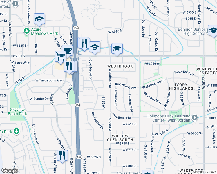 map of restaurants, bars, coffee shops, grocery stores, and more near 6390 Westbrook Drive West in West Jordan