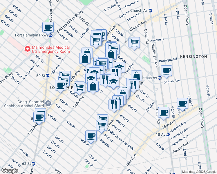 map of restaurants, bars, coffee shops, grocery stores, and more near 1465 45th Street in Brooklyn