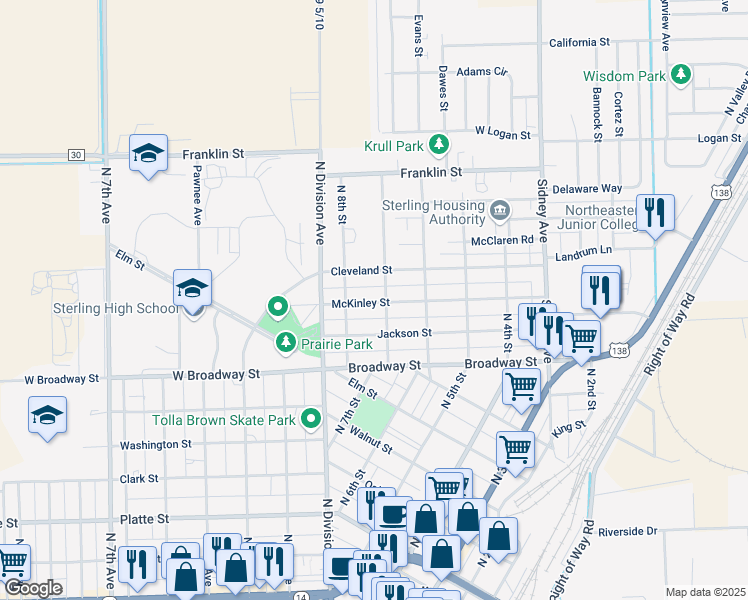 map of restaurants, bars, coffee shops, grocery stores, and more near 931 North 7th Street in Sterling